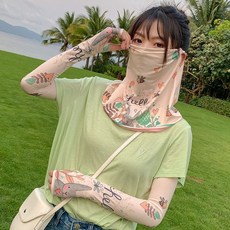 冰絲防曬面紗女夏季透氣面罩全臉護頸防紫外線袖套遮面薄款女掛耳, 素雅蜜蜂,一雙冰袖, 1個