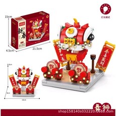 新年過年燈光財神招財貓舞龍舞獅醒獅鑽石積木玩具微型積木，台灣現貨供應，節慶擺飾首選, 1個, 8937-4舞龍舞獅內含燈組
