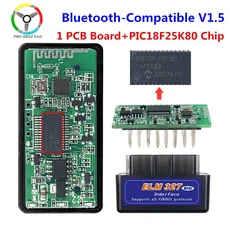 ELM327 V1.5 블루투스 호환 PIC18F25K80 칩 다중 차량 ELM 327 BT OBD2 CAN-BUS 진단 도구 작동, 01 1 PCB Black, 01 PIC18F25K80 FW V1.5, 01 China Mainland