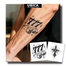 UBICA 반영구 타투 남성용 현실적인 임시 타투 2장 손 목을 위한 가짜 타투 2주 지속 방수 비반사성 메멘토 모리 & 스파이더 디자인 타투, 777 Dice & Cross Tattoos