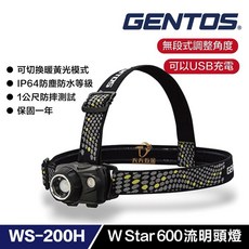 GENTOS WS-200H 專業高亮度頭燈 USB充電 600流明 IP64 日本品牌, 1個