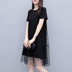 빛나는 판다 망사 빅사이즈 원피스 레이어드 여성 여름 반팔 a라인 미디원피스 라운드넥 캉캉스커트