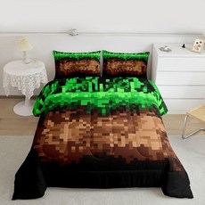Manfei 그린 블랙 그리드 이불 세트 트윈 사이즈 마이너 스타일 만화 게임 침구 세트 2개 사계절용 모던 기하학적 체크 다운 이불 어린이 남아 여아 방 장식 베개 커