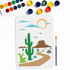 PET 산맥 페인팅 스텐실 자연 테마 벽화 패턴 장엄한 풍경 장식 DIY, 캑터스 169, 1개