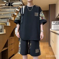 Canelin 顯瘦套裝男 大碼慵懶風襯衫 美式復古工裝文藝大學生穿搭 休閒寬鬆短褲, 米白上衣T188,2XL 【適合160-175穿】