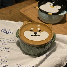 귀여운 시바견 강아지 뚜껑 있는 밥 공기 라면 그릇