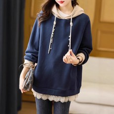 lofei 겨울 여성 레이스 포인트 후드 맨투맨 진주 드로스트링 레이어드룩 WY05