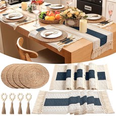 Gandeer 테이블 러너 및 플레이스 매트 보헤미안 냅킨 링 4개 세트 농가 마크라메 소박한 라운드 우븐 장식 주방 다이닝 장식용 (블루), 4, 블루