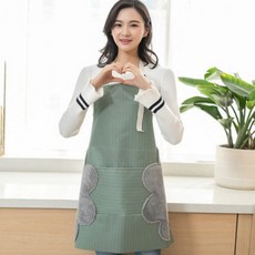 可愛兔子印花防水圍裙 家用廚房耐臟易擦掛脖圍裙, 【防水擦手款】波紋綠色1個