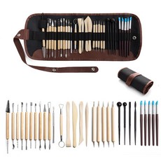 軟陶工具30件套組，陶藝雕刻刀、矽膠壓痕筆、點鑽筆全套，黏土軟陶翻糖工具首選, 1個, 30件陶藝工具+卷包