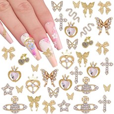 Matomtak 네일 파츠 뱀 체리 리본 하트 나비별 24개 세트 3D 입체 큰 사이즈 골드 네일 파츠 스톤 반짝임 네일 아트 데코 파츠 메탈 파츠 주얼리 리 파츠