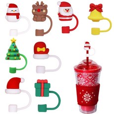 8피스 크리스마스 빨대 커버 캡 10mm 실리콘 토퍼 귀여운 3D 트리 산타클로스 모양 음료 프로텍터 887.2ml(30온스) 1.18L(40온스) 텀블러 파티 용품 11946
