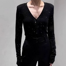 티셔츠 글리터 비즈 니트 반짝이 브이넥 슬림핏