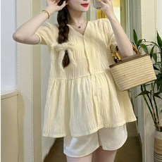 임부복 상의 봄 여름 임산부 패션 프렌치 브이넥 반팔 티셔츠 빅사이즈 슬림핏 여자 블라우스 WMY