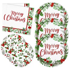 75피스 크리스마스 접시 냅킨 수채화 식기 세트 메리 일회용 종이 식물 휴일 파티 테이블 용품