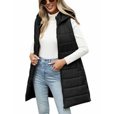 HEEKPEK 패딩 조끼 여성용 롱 후드 민소매 집업 퀼트 조끼 아우터 가볍고 푹신한 재킷 가을 겨울 코트 블랙. XXL 162940