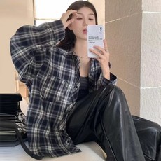 투니스 여성 캐주얼 루즈핏 체크 배색 긴소매 셔츠