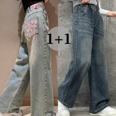 우주슈 여아 주니어 뒷포켓 하트 나비 패치 포인트 와이드 청바지 2종세트