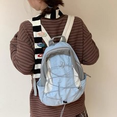 Mirenbu迷人布拼色軟雙肩包褶皺感材質防水戶外登山包拼色運動包, 海藍