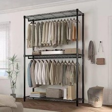 이동식 행거 드레스룸 철제 시스템 행거 수납 정리 옷장, 블랙