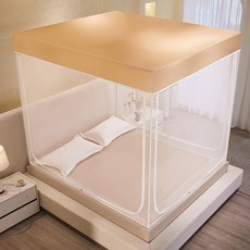 新款家用坐牀臥室兒童嬰兒防掉防摔加密蚊帳三開門防塵方帳蚊帳, 素夏 卡其