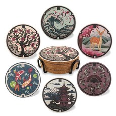 식 컵받침 맨홀 디자인 벚꽃 코이 파고다 사슴 코르크 커피 테이블 집들이 생일 선물 세트 6개