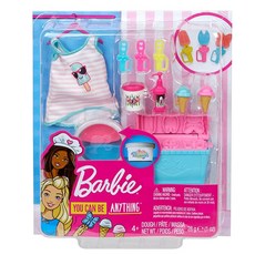 Barbie 아이스크림 테마 피스가 있는 요리 및 베이킹 액세서리 팩 인형용 탱크 탑 쿨러 몰드 반죽 용기 포함 만 4세 이상 멀티, Barbie 아이스크림 테마 피스가 있는 요리 및 베이