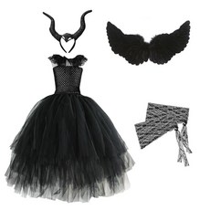 圖圓圓 萬聖節兒童高低層黑色連衣裙 女巫表演服裝 網紗禮服 中小童