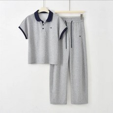 夏季時尚運動休閒兩件式套裝 女生灰色 POLO 短袖上衣 百搭垂感闊腿棉長衛褲