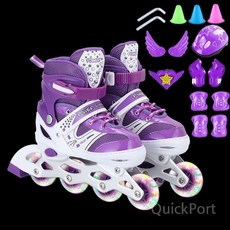 인라인 스케이트 어린이 풀세트, 퍼플 +올 플래시 +음악 보호구 세트