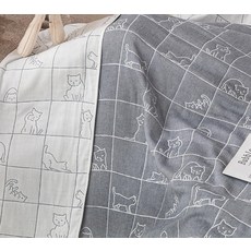 J-pinno Kitty Cats 귀여운 체크 모슬린 담요 양면 100% 면 6겹 퀼트 침대 부드럽고 따뜻한 소파 유아 어린이 만화 여행 침대보 시트 (고양이 그레이 트윈/풀