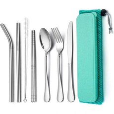 팀파 크래핑 컵러리 스테인리스 스틸 9개 세트 야외 여행용 식기 휴대용 망치 손잡이 칼 포크 숟가락 젓가락 금속 스트로 세척 브러시 케이스 및 가방, 초록색