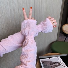 冰袖夏季雪紡棉防曬袖套褶皺泡泡袖冰絲防曬手套護臂手臂袖開車袖, 淺粉色泡泡袖, 1個
