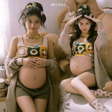 만삭사진 의상 주수사진 커플 니트 촬영 스냅 옷 셀프, 에스닉 조끼+카키 가디건 B+체스트넛