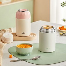 小熊保溫飯盒 便攜燜燒杯 學生/上班族適用帶飯便當盒, 1個, 316不銹鋼春意綠500mL+折疊勺0, 春意綠, 500mL