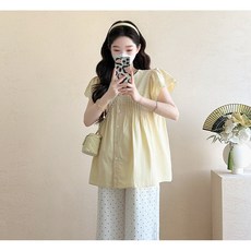 壓褶花瓣袖娃娃衫上衣 託腹波點褲 孕婦套裝, 黃色襯衫,XL, 1個