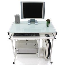 IN-109 1인용 스마트 컴퓨터 책상 미니 게이밍 철제 선반형, 강화유리/화이트