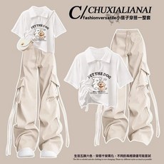 時尚套裝抽繩寬鬆休閒多巴胺上衣短袖夏季工裝褲套裝