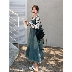 여성 데님 가을 스타일 여성 레이어드 스트라이프 가을 멜빵 복고풍 캐주얼룩