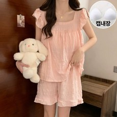 야오야오 여성용 캡내장 부드러운 프릴 나시 투피스 잠옷 세트