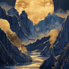 풍경화 블루 마운틴 나무 숲 소나무 사원 금빛 태양 포스터 캔버스 그림 인쇄, 6. 7