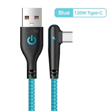 120W USB C 케이블 고속 충전 90도 코드 전자 일반 스마트 기기용 빠른 충전 데이터 케이블 충전기, 04 1미터, 01 Blue