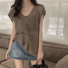 보슈 여성 루즈핏 브이넥 그물 스카시 레이어드 니트 망사 펀칭 조끼 베스트