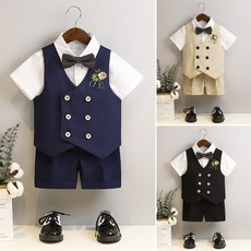 兔巴叮童裝男童夏季短袖西裝禮服套裝：兒童生日西裝馬甲襯衫，花童婚禮演出服，洋氣兩件套，開學畢業典禮服裝