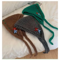 【包 您超值 】復古手工毛線針織小花可愛三角巾 頭巾少女系帶耳罩 秋冬兒童頭巾帽 韓係ins頭巾 可愛耳罩 騎車護耳