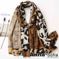 Anna*Sofia 拼色豹紋流蘇邊披肩圍巾 保暖柔軟棉麻感 黃咖系