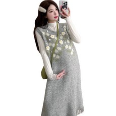 겨울 임산부 티셔츠 + 민소매 원피스 세트 니트 플라워 롱 드레스 여성 루즈핏 따뜻한 레이어드 스타일 JS