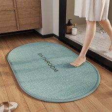 亞麻升級浴室地墊 強吸水速乾 衛生間門口防滑腳墊 廁所進門墊子, U純色L編織bath-橢圓-綠,40*60cm, 1個