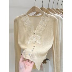 여성 브이넥 긴팔 니트 레이스 니트 코트 카디건