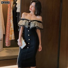 DFMEI 드레스 스커트 여름 여성 일자넥 오프숄더 배색 프릴 슬림 원피스 3870